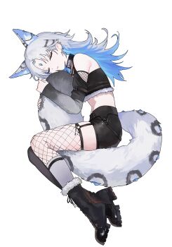 Rule 34 | 1girl, absurdres, animal ear piercing, animal ears, ankle belt, ankle boots, arm belt, between legs, black boots, black collar, black shorts, black sleeves, blue gem, blue hair, boots, closed eyes, collar, commentary, commission, detached sleeves, ear piercing, extra ears, forehead jewel, full body, gem, grey hair, grey sleeves, grey socks, highres, holding own tail, indie virtual youtuber, legs, long hair, long sleeves, luciwuzi (vtuber), midriff, multicolored hair, multicolored sleeves, navel, nbee ya, parted lips, piercing, shorts, sleeping, socks, stomach, tail, tail between legs, thighs, two-tone hair, two-tone sleeves, virtual youtuber