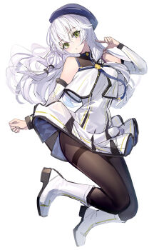 1girl altina_orion bare_shoulders beret blue_hat boots breasts brown_pantyhose commentary_request detached_sleeves dress eiyuu_densetsu full_body green_eyes hair_between_eyes hat head_tilt highres long_hair long_sleeves looking_at_viewer medium_breasts pantyhose parted_lips ririko_(zhuoyandesailaer) sen_no_kiseki sen_no_kiseki_(series) sen_no_kiseki_ii simple_background sketch solo thighband_pantyhose tilted_headwear very_long_hair white_background white_boots white_dress white_hair white_sleeves