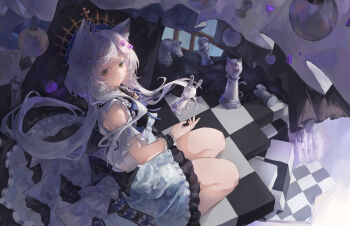 Rule 34 | 1girl, animal ear fluff, animal ears, arknights, cat ears, cat girl, chess piece, chinese commentary, closed mouth, commentary request, crown, detached sleeves, dress, frilled dress, frills, green eyes, highres, infection monitor (arknights), long hair, mumu millhayes, official alternate costume, rosmontis (an airy dream) (arknights), rosmontis (arknights), short dress, sitting, solo, white dress, white hair, yokozuwari