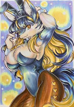 1girl absurdres animal_ears arm_behind_head black_bow black_bowtie black_hair black_leotard blonde_hair blush bow bowtie breasts bunnimals chsg4887 cleavage commentary_request cowboy_shot detached_collar fake_animal_ears from_side furry furry_female highres large_breasts leotard long_hair looking_at_viewer marie_gold multicolored_hair open_mouth pantyhose playboy_bunny rabbit_ears solo standing streaked_hair tail traditional_media two-tone_hair wolf_ears wolf_girl wolf_tail wrist_cuffs yellow_eyes