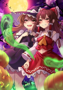2girls absurdres ascot bat_(animal) black_hat black_skirt black_vest blonde_hair bow breasts brown_eyes brown_hair clenched_teeth collared_shirt commentary_request detached_sleeves frilled_bow frilled_hair_tubes frilled_skirt frills full_moon ghost hair_bow hair_tubes hakurei_reimu hat hat_bow highres jack-o&#039;-lantern kirisame_marisa long_hair moon multiple_girls onikoroshi open_mouth red_bow red_skirt ribbon-trimmed_sleeves ribbon_trim scared shaded_face shirt skirt skirt_set smile sweat teeth touhou vest white_bow white_shirt witch_hat yellow_ascot yellow_eyes