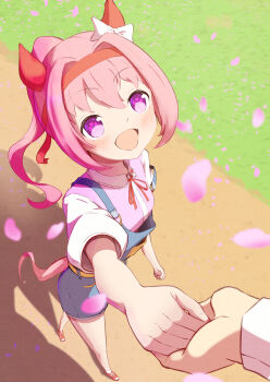 1girl 1other absurdres animal_ears blue_overalls blush bow casual ear_bow ear_covers flower-shaped_pupils flower_in_eye hairband haru_urara_(casual)_(umamusume) haru_urara_(umamusume) headband highres holding_hands horse_ears horse_girl horse_tail long_hair open_mouth overall_shorts overalls petals pink_eyes pink_hair pink_headband pink_shirt ponytail red_headband ribbon shirt short_sleeves smile symbol-shaped_pupils symbol_in_eye tail tea76225914 umamusume