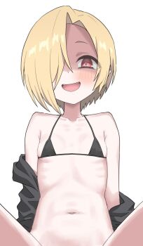 1girl bare_shoulders bikini black_bikini black_jacket blonde_hair breasts clothes_down collarbone fangs hair_over_one_eye halulu highres idolmaster idolmaster_cinderella_girls jacket looking_at_viewer navel one_eye_covered open_clothes open_jacket open_mouth out-of-frame_censoring red_eyes shaded_face shirasaka_koume short_hair simple_background small_breasts smile solo stomach straight-on swimsuit upper_body white_background