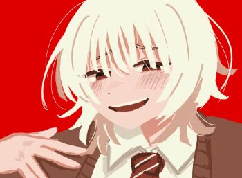 1boy blonde_hair blush brown_cardigan cardigan close-up collared_shirt commentary english_commentary hair_between_eyes highres lemonhib looking_at_viewer male_focus medium_hair necktie open_cardigan open_clothes open_mouth portrait red_background red_eyes red_necktie saihate_eki shirt simple_background solo striped_clothes striped_necktie tatsunami_shion teeth upper_teeth_only white_background