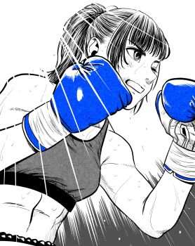 1girl blue_gloves boxing boxing_gloves breasts commentary_request gloves greyscale hatching_(texture) highres lee_(dragon_garou) light_rays linea_alba midriff monochrome mouth_guard one_eye_closed original ponytail serious small_breasts solo sports_bra spot_color sweat upper_body