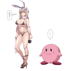 Rule 34 | 1girl, animal ears, bikini, black bikini, black footwear, blue bow, bow, breasts, cleavage, closed mouth, commentary request, crossover, expressionless, full body, grey hair, hair bow, high heels, highres, holding dice, kaavi, kirby, kirby (series), large breasts, long hair, looking to the side, mahjong soul, nintendo, pun, rabbit ears, rabbit girl, simple background, swimsuit, tataeroero, white background