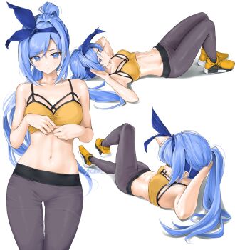 1girl blue_hair chaesu exercising highres bae_minah_(chaesu) multiple_views navel