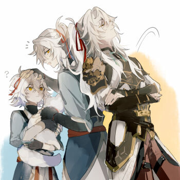 ? aged_down alternate_costume animal cat child chinese_clothes crossed_arms hair_between_eyes hair_over_one_eye highres holding holding_animal honkai:_star_rail honkai_(series) jing_yuan long_hair male_focus mississipping pants ponytail red_ribbon ribbon white_hair yellow_eyes