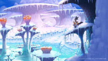 1girl arm_support artist_name baggy_pants bandeau bare_shoulders black_bandeau black_hair blue_sky breasts commentary_request dark-skinned_female dark_skin dragon_girl dragon_horns dragon_tail highres horns icicle medium_breasts nagi_itsuki original outdoors pants pixiv_fantasia pixiv_fantasia_mountain_of_heaven scenery short_hair sitting sky snow solo tail white_pants