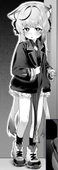 1girl animal_ears blue_archive doorknob dress full_body greyscale highres jacket kawaiihusky kokona_(blue_archive) long_hair long_sleeves looking_at_viewer monochrome open_clothes open_door open_jacket pelvic_curtain shoes sneakers solo standing very_long_hair