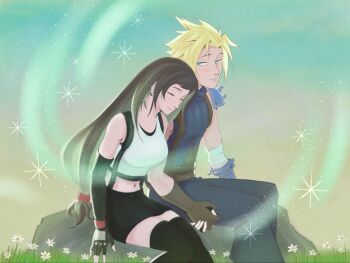 Rule 34 | 1boy, 1girl, armor, bare shoulders, black gloves, black hair, black skirt, blonde hair, blue eyes, blue pants, blue sweater, blush, breasts, closed eyes, closed mouth, cloud strife, commentary, couple, crop top, elbow gloves, english commentary, feet out of frame, final fantasy, final fantasy vii, final fantasy vii remake, fingerless gloves, flower, gloves, grass, head on another's shoulder, hetero, highres, holding hands, illuscait, lifestream, long hair, looking at another, low-tied long hair, medium breasts, midriff, miniskirt, navel, on rock, outdoors, pants, ribbed sweater, short hair, shoulder armor, sitting, skirt, sleeveless, sleeveless turtleneck, smile, sparkle, spiked hair, suspender skirt, suspenders, sweater, tank top, tifa lockhart, turtleneck, turtleneck sweater, white flower, white tank top