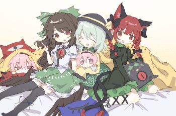 4girls :d animal_ears bed_sheet black_thighhighs black_wings blanket blush bow braid brown_hair cat_ears cat_girl cat_tail closed_eyes commentary dress fang fumo_(doll) green_bow green_dress green_hair green_skirt hair_ribbon hairband hat highres holding holding_stuffed_toy kaenbyou_rin komeiji_koishi komeiji_satori long_hair long_sleeves medium_hair multiple_girls multiple_tails open_mouth parted_lips pink_eyes pink_hair puffy_sleeves red_eyes red_hair reiuji_utsuho ribbon shirt short_sleeves sitting skin_fang skirt smile stuffed_animal stuffed_toy tail thighhighs third_eye_on_chest touhou twin_braids two_tails under_covers wariza white_shirt wings wusem0108 yellow_shirt zettai_ryouiki