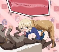 1girl animal_penis animated ass bestiality black_necktie black_pantyhose blonde_hair blue_eyes blush bouncing_breasts breasts clothes_lift clothes_pull cross-section cum cum_in_mouth cum_in_pussy darjeeling_(girls_und_panzer) dog doggystyle fellatio girls_und_panzer knotted_penis large_breasts microskirt necktie nipples no_bra oral pantyhose pantyhose_pull panzerhound saliva school_uniform sex sex_from_behind shirt_lift simple_background skirt skirt_lift st._gloriana&#039;s_school_uniform vaginal video