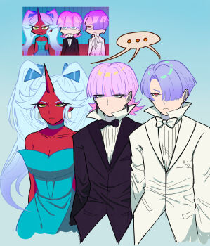 1girl 2boys blue_dress blue_hair brothers commentary cosplay demon_girl dress english_commentary expressionless formal_clothes highres kanekuripan kneesocks_(psg) long_hair multiple_boys panty_&amp;_stocking_with_garterbelt pink_hair polyester_(psg) polyurethane_(psg) purple_hair siblings stocking_(psg) stocking_(psg)_(cosplay) suit tuxedo