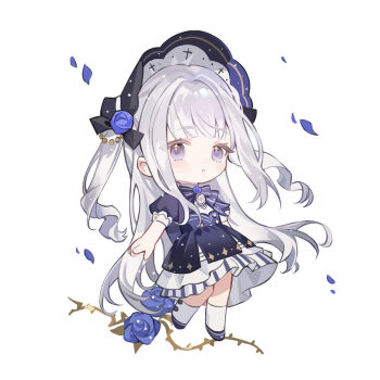 1girl :o ankle_socks beads black_bonnet black_bow blunt_bangs bonnet borrowed_character bow bowtie brooch buttons chibi chinese_commentary commentary_request cross cross_print dress drill_hair eyelashes eyes_visible_through_hair floating_hair flower grey_hair hair_beads hair_bow hair_flower hair_ornament highres jewelry layered_dress light_blush light_particles long_hair looking_at_viewer loose_hair_strand medium_dress original parted_lips petals pleated_dress print_dress print_headwear puffy_short_sleeves puffy_sleeves purple_bonnet purple_bow purple_bowtie purple_dress purple_eyes purple_flower purple_rose purple_shoes rose shoes short_sleeves simple_background socks solo standing striped_bow striped_bowtie striped_clothes thorns turtleneck turtleneck_dress twin_drills two-sided_fabric two-sided_headwear two_side_up very_long_hair white_background white_dress white_socks wind yanshuangjun