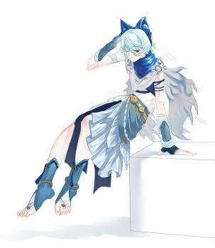 Rule 34 | 1girl, androgynous, animal ear fluff, animal ears, ankle socks, anklet, aqua hair, armband, bare shoulders, belt, black gloves, block (object), blue arm warmers, blue armband, blue eyes, blue scarf, blue shirt, blue skirt, blue socks, borrowed character, cape, chinese commentary, closed mouth, commentary request, crop top, facial tattoo, fingerless gloves, fox ears, frilled skirt, frills, full body, fur cape, gloves, hair between eyes, highres, infinity nikki, jewelry, jumping, long skirt, looking at viewer, luyuqian59942, midriff, motion lines, navel, nikki (series), one eye closed, scarf, scratching head, shirt, short hair, side slit, simple background, skinny, skirt, sleeveless, sleeveless shirt, smile, socks, solo, stirrup legwear, stylist (nikki), tattoo, toeless legwear, toenails, toes, torn cape, torn clothes, white background, white cape, yellow belt