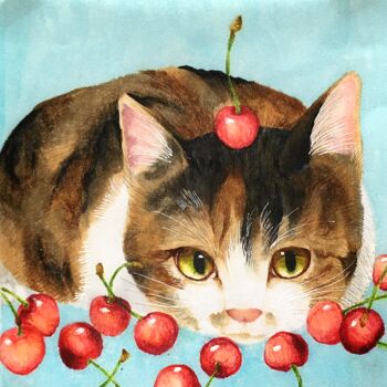 animal_focus blue_background cat cherry commentary_request food fruit green_eyes highres invisible_floor looking_at_viewer lying marker_(medium) no_humans on_stomach original ruchi_(nxje5533) traditional_media