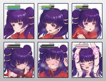 1girl absurdres arms_up before_and_after blunt_bangs blush breath bruise bruise_on_face capelet closed_mouth coat crossed_arms crying defeat female_focus fire_emblem fire_emblem:_the_sacred_stones gameplay_mechanics gold_trim hair_tie hand_up health_bar heart heavy_breathing highres holding_own_arm implied_sex injury jewelry light_smile long_hair looking_at_viewer lying messy_hair multi-tied_hair multiple_views myrrh_(fire_emblem) nervous nintendo nude on_back open_mouth pain pale_skin portrait purple_hair rape red_capelet red_coat red_eyes restrained ryona scared sequential shiny_skin smile steam sweatdrop tearing_up tears tennahhh torn_clothes twintails unconscious variations white_background wince