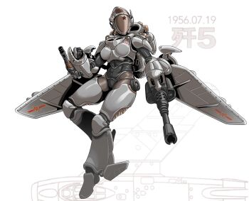 1girl absurdres aircraft airplane arm_cannon armor assault_visor bodysuit bodysuit_under_clothes boobplate breastplate covered_face fighter_jet full_armor helmet highres leg_armor leotard leotard_under_clothes little_sun mecha_musume military_vehicle original people's_liberation_army people's_liberation_army_air_force personification red_star shenyang_j-5 solo star_(symbol) weapon wings