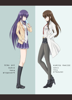 2girls aoi_sena belt black_boots black_pantyhose black_shoes black_shorts black_socks blazer boots bow bowtie breast_pocket brown_hair brown_jacket chaos;head character_name coat collared_shirt dress_shirt food food_in_mouth full_body hand_in_pocket height_chart high_heel_boots high_heels highres holding holding_food holding_popsicle in-franchise_crossover jacket kneehighs lab_coat lapels leather_shorts loafers long_hair long_sleeves makise_kurisu miniskirt multiple_girls narrowed_eyes necktie nervous_sweating notched_lapels onaya_masakazu open_clothes open_collar open_jacket pantyhose plaid_clothes plaid_necktie plaid_skirt pleated_skirt pocket popsicle popsicle_in_mouth purple_bow purple_bowtie purple_eyes purple_hair red_necktie red_shirt red_trim school_uniform science_adventure serious shiny_clothes shiny_legwear shirt shoes shorts skirt socks standing steins;gate suimei_academy_school_uniform sweat white_belt white_coat white_shirt
