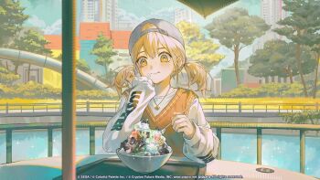 Rule 34 | 1girl, :t, azusawa kohane, backwards hat, baseball cap, blurry, blurry foreground, blush, bright pupils, brown eyes, brown hair, building, clothes writing, commentary, copyright notice, day, depth of field, eating, english commentary, food, food on face, grey hat, guest art, hat, heart, heart necklace, highres, holding, holding spoon, ice cream, ice cream spoon, jewelry, krin (krinnin), long sleeves, looking at food, medium hair, necklace, official art, orange sweater vest, outdoors, project sekai, railing, round table, second-party source, shirt, sidelocks, sitting, solo, spoon, sweater vest, table, tree, twintails, upper body, v-neck, water, white pupils, white shirt, wiping face