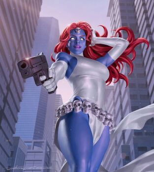 1girl aiming aiming_at_viewer blue_skin city colored_sclera colored_skin commentary cowboy_shot dress elbow_gloves english_commentary floating_clothes floating_hair from_below gloves gun handgun holding holding_gun holding_weapon long_hair marvel marvel_snap mystique no_pupils official_art purple_lips red_hair skull_belt sleeveless sleeveless_dress smile solo weapon white_dress white_gloves x-men yellow_sclera yoon_junggeun