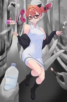 1girl absurdres ahoge alternate_costume black_boots black_jacket boots braid braided_ponytail breasts cake center-flap_bangs collared_dress commentary corded_phone covered_navel dress earrings english_commentary food full_body glasses gradient_hair highres hololive hololive_dev_is ichijou_ririka jacket jewelry knee_boots lipstick long_hair makeup medium_breasts multicolored_hair multiple_others nail_polish nail_polish_brush off_shoulder orange_eyes orange_hair parted_lips phone pink_hair salt-less short_dress sitting solo strawberry_shortcake virtual_youtuber white_dress yellow_nails