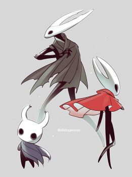 1girl 2others arthropod_girl arthropod_limbs artist_name black_skin blue_cloak cape cloak colored_skin facing_to_the_side facing_viewer floating_cape grey_background grey_cloak holding_cloak hollow_eyes hollow_knight hollow_knight_(character) horned_mask hornet_(hollow_knight) knight_(hollow_knight) looking_to_the_side mask multiple_others red_cape signature silkfragments simple_background twitter_username white_mask
