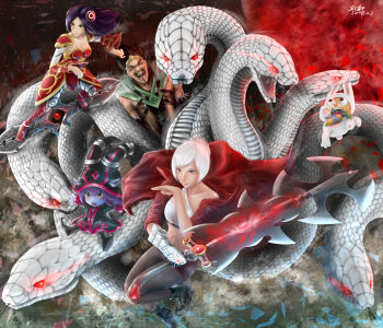 2boys 3girls alternate_costume animal_ears armor belt blade blue_skin blush boots brown_eyes brown_hair bulging_eyes cape carrot colored_skin crop_top draven earrings eye_pop facial_hair gauntlets gender_request genderswap glowing green_eyes hair_ornament hat headband highres irelia jewelry league_of_legends long_hair lulu_(league_of_legends) multiple_boys multiple_girls mustache open_mouth pale_skin pantyhose playboy_bunny pttpsboard purple_hair red_eyes riding riven_(league_of_legends) shoes short_hair shoulder_pads signature snake spiked_hair sword teemo tongue torn_clothes weapon white_hair witch_hat