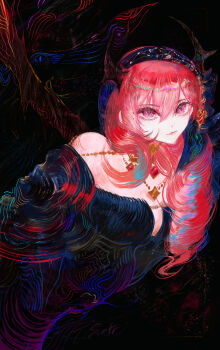 1girl absurdres arknights bare_shoulders black_dress breasts cleavage commentary dress hair_between_eyes hair_ornament highres horns jewelry long_hair looking_at_viewer red_eyes red_hair solo surtr_(arknights) yuki_flourish