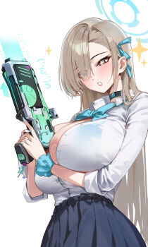 1girl absurdres asuna_(blue_archive) asuna_(school_uniform)_(blue_archive) bikini bikini_under_clothes black_choker black_skirt blue_archive blue_bikini blue_bow blue_bowtie blue_halo blue_nails blue_ribbon blue_scrunchie blush borrowed_weapon bow bowtie breasts brown_hair chinese_commentary choker cleavage commentary_request fingernails gun hair_over_one_eye hair_ribbon halo highres holding holding_gun holding_weapon large_breasts long_fingernails long_hair loose_bowtie pleated_skirt ribbon runfufu school_uniform scrunchie shiny_clothes simple_background skirt sleeves_rolled_up solo sparkling_eyes swimsuit very_long_hair weapon white_background wrist_scrunchie wuthering_waves