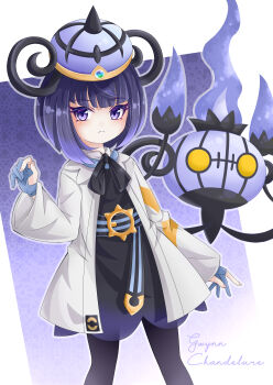 1girl absurdres black_dress black_pantyhose black_ribbon blue_gloves blunt_bangs chandelure closed_mouth coat commentary_request dress eyelashes gen_5_pokemon gloves gwynn_(pokemon) hand_up hat highres jin_(az2492079) long_sleeves neck_ribbon nintendo open_clothes open_coat pantyhose partially_fingerless_gloves pokemon pokemon_(creature) pokemon_legends:_z-a purple_eyes ribbon white_coat