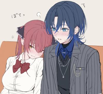 Rule 34 | 2girls, black hair, black sweater, blue eyes, blue hair, blue shirt, blush, bow, bowtie, breasts, closed mouth, collared shirt, colored inner hair, commentary, grey jacket, highres, hiodoshi ao, hololive, hololive dev is, houshou marine, jacket, large breasts, long sleeves, mochi jiro, mole, mole under mouth, multicolored hair, multiple girls, parted lips, red bow, red bowtie, red hair, shirt, sweat, sweater, twintails, virtual youtuber, white shirt, wolf cut, yellow eyes, yuri