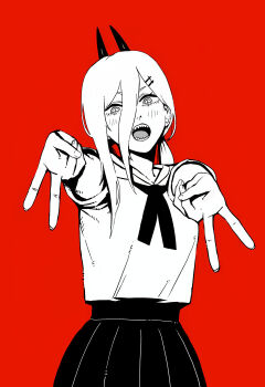 1girl chainsaw_man cross-shaped_pupils demon_girl demon_horns double_v greyscale_with_colored_background hair_between_eyes highres horns long_hair long_hair_between_eyes looking_at_viewer low_twintails open_mouth outstretched_arms pleated_skirt power_(chainsaw_man) red_background school_uniform sharp_teeth simple_background skirt solo symbol-shaped_pupils teeth tomatoketchup96 twintails v