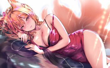 1girl absurdres animal_ear_fluff animal_ears artist_name bare_arms black_bra bra breasts cleavage closed_mouth commentary commission cowboy_shot double-parted_bangs dress english_commentary eyeliner fingernails fox_ears fox_girl fox_tail hair_between_eyes highres keyokku kitsune large_breasts lipstick long_hair looking_at_viewer lying makeup multiple_tails nail_polish on_side orange_eyes orange_hair original pink_eyeliner pink_lips pink_nails red_dress side_slit signature sleeveless sleeveless_dress smile solo strap_slip tail tomo_(aaron_ho) underwear