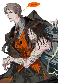 2boys arm_around_waist bandage_over_one_eye bandaged_arm bandaged_hand bandages bare_shoulders beard_stubble black_jacket black_necktie black_pantyhose brown_hair character_name collared_shirt commentary cow eren_yeager erenjaeger47993 facial_hair furrowed_brow grey_hair grey_shirt halloween_costume highres jacket jean_kirstein long_hair male_focus multiple_boys mummy_costume necktie open_mouth orange_vest pantyhose parted_bangs pinstripe_jacket pinstripe_pattern pinstripe_vest shingeki_no_kyojin shirt short_hair sleeveless sleeveless_shirt speech_bubble stubble suit_jacket symbol-only_commentary vest waistcoat white_background yaoi