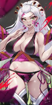 Rule 34 | 1girl, absurdres, artist name, black bra, black nails, black pantyhose, bra, breasts, daki (kimetsu no yaiba), demon girl, fangs, green eyes, grey background, hair ornament, hair stick, highres, huge breasts, kimetsu no yaiba, lipstick, long hair, looking at viewer, makeup, open mouth, pantyhose, pumiss, simple background, solo, underwear, very long hair, white hair