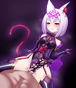 1boy 1girl animal_ears bar_censor bare_shoulders black_gloves black_leotard blush bob_cut bodysuit boots breasts censored chest_jewel clothed_female_nude_male collar commentary_request corruption covered_erect_nipples covered_navel cowgirl_position dark_persona elbow_gloves entenca erection evil_smile femdom forehead_ui garter_straps gem girl_on_top gloves gradient_background grin half-closed_eyes hetero highleg highleg_leotard highres holding jewelry latex leotard living_clothes medium_breasts navel non-pubic_inmon nude original parted_lips penis pubic_tattoo pubic_tattoo_visible_through_clothes purple_background purple_gloves purple_hair raised_inner_eyebrows red_eyes restrained see-through_clothes shiny_clothes short_hair simple_background skin_tight slime_(substance) small_breasts smile solo_focus spread_legs straddling tail tamane_(entenca) tattoo thigh_boots thighhighs white_hair