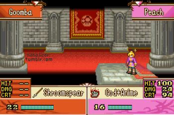1girl animated animated_gif attack blonde_hair chinese_clothes commentary crossover duel english_commentary english_text fire fire_emblem goomba heads-up_display holding holding_polearm holding_weapon jacket kung_fu_peach mario_(series) nintendo pixel_art polearm princess_peach princess_peach:_showtime! purple_jacket spear sprite stomping super_mushroom tumblr_username user_interface vilkalizer weapon