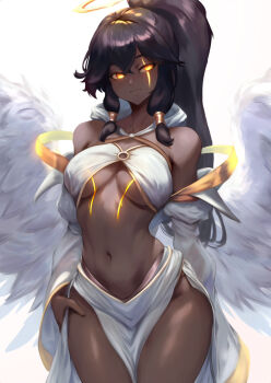 Rule 34 | ancient greek clothes, angel, angel wings, baddelz, black hair, breasts, cora (baddelz), dark-skinned female, dark skin, feathered wings, glowing, glowing eyes, glowing scar, greco-roman clothes, halo, highres, large breasts, navel, orange eyes, original, ponytail, scar, scar across eye, scar on face, wings, yellow halo