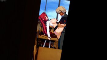 3d animated animated_gif ass black_thighhighs breasts breasts_out classroom cum cum_in_pussy dark-skinned_male dark_penis dark_skin day desk ejaculation harada4780 height_difference huge_ass koikatsu koikatsu_(medium) large_breasts leg_grab leg_lift leg_up muscular muscular_male naruse_mio nipples peeking penis red_eyes red_hair school school_desk school_uniform sex shinmai_maou_no_testament size_difference standing standing_on_one_leg standing_sex thick_thighs thighhighs thighs underwear vaginal voyeur_pov