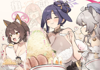 4girls animal_ears bell blue_archive choker choujiroo dress ears_down eating elbow_gloves flower-shaped_hair gloves halo hand_over_eye highres izuna_(blue_archive) izuna_(dress)_(blue_archive) jingle_bell lop_rabbit_ears michiru_(blue_archive) michiru_(dress)_(blue_archive) multiple_girls neck_bell ninjutsu_research_club_(blue_archive) official_alternate_hairstyle pink_halo purple_halo rabbit_ears rabbit_girl raccoon_ears raccoon_girl see-through_cleavage see-through_clothes tsukuyo_(blue_archive) tsukuyo_(dress)_(blue_archive) white_choker white_dress white_gloves