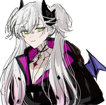 1girl black_jacket demon_horns fate/grand_order fate_(series) gradient_hair green_eyes highres horns jacket lilith_(fate) lilith_(first_ascension)_(fate) looking_at_viewer multicolored_hair nekwnek pink_hair smile solo tattoo twintails white_hair wings