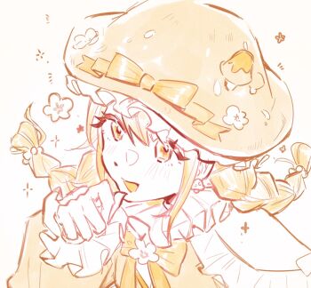 1girl bare_shoulders beads bow bowtie braid brooch chinese_commentary clothing_cutout co030 commentary dot_nose eyelashes flower_brooch frilled_headwear frilled_shirt frilled_sleeves frills glimmering_forest_(infinity_nikki) hair_beads hair_between_eyes hair_ornament hand_on_own_chin infinity_nikki jewelry light_blush long_hair long_sleeves looking_ahead low_twin_braids monochrome mushroom_earrings mushroom_hat mushroom_hat_ornament neck_ruff nikki_(series) notice_lines open_mouth puffy_long_sleeves puffy_sleeves shirt shoulder_cutout simple_background smile solo sparkle symbol-only_commentary twin_braids upper_body white_background yellow_theme