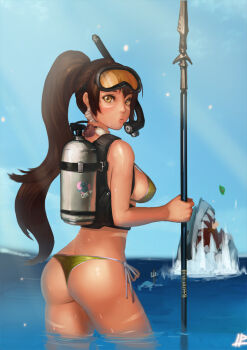 1girl animal ass bikini breasts brown_eyes brown_hair chomper dark-skinned_female dark_skin diving_mask diving_mask_on_head female_focus fish fizz_(league_of_legends) goggles goggles_on_head high_ponytail highres instant_ip league_of_legends long_hair looking_back nidalee panties polearm ponytail scuba_gear scuba_tank shark shell side-tie_bikini_bottom sideboob solo spear strap_gap swimsuit tan teemo thong thong_bikini trident underwear urf wading water weapon wet