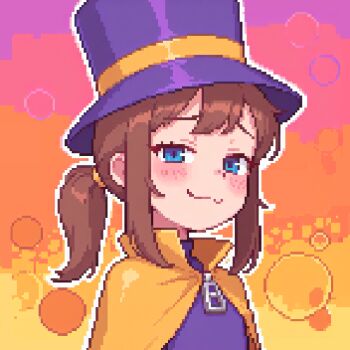 1girl a_hat_in_time blue_eyes brown_hair cape casytay commentary english_commentary hat hat_kid looking_at_viewer lowres smile solo