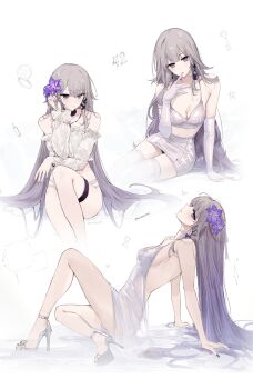 1girl absurdres adjusting_hair alternate_costume arm_support ass backless_dress backless_outfit bare_arms bare_legs bare_shoulders black_panties blush bra breasts brown_hair choker cleavage collarbone commentary crop_top dress earrings elbow_gloves feint721 finger_to_mouth fingernails flower from_side full_body gloves gradient_hair grey_hair grey_shoes hair_flower hair_flowing_over hair_ornament hair_ribbon hair_spread_out hand_in_own_hair herta_(honkai:_star_rail) high_heels highres honkai:_star_rail honkai_(series) jewelry key key_necklace knee_up legs light_blush long_hair looking_at_viewer medium_breasts midriff multicolored_hair multiple_views nail_polish necklace off-shoulder_shirt off_shoulder panties parted_lips purple_bra purple_eyes purple_flower purple_gloves purple_hair purple_nails purple_ribbon purple_skirt purple_thighhighs ribbon see-through_clothes see-through_dress shirt shoes sideboob sideways_glance simple_background sitting skirt small_breasts the_herta_(honkai:_star_rail) thigh_strap thighhighs thighs toes twitter_username underwear very_long_hair white_background white_choker white_panties white_shirt yokozuwari