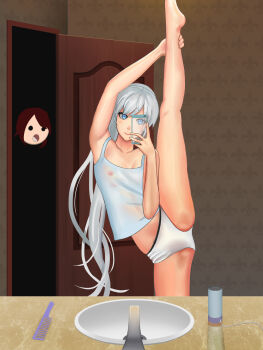 2girls barefoot bathroom blue_eyes breasts brush cellphone covered_erect_nipples highres leg_up long_hair multiple_girls nipples panties phone ponytail ruby_rose rwby scar scar_across_eye scar_on_face see-through_clothes selfie silver_hair sink small_breasts smartphone smile split spread_legs standing standing_on_one_leg standing_split stretching tank_top underwear very_long_hair weiss_schnee white_panties yuri zhao_shixuan