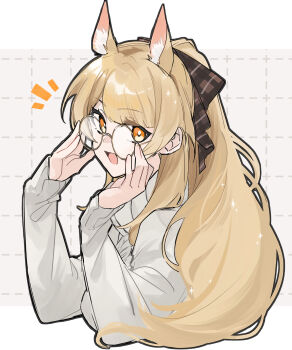 1girl :d adjusting_eyewear alternate_costume animal_ear_fluff animal_ears arknights bespectacled black_outline blemishine_(arknights) blonde_hair bow bright_pupils brown_bow commentary_request cropped_torso dotted_line extra_ears glasses grid_background hair_bow hand_on_eyewear hands_up highres horse_ears horse_girl long_sleeves looking_at_viewer notice_lines open_mouth orange_eyes outline plaid_bow ponytail round_eyewear simple_background sleeves_past_wrists smile solo sweater white_pupils yakota_(usuk-yako)