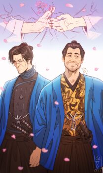 Rule 34 | 2boys, absurdres, adachi koichi, armor, beard, black hair, blue haori, cherry blossoms, commentary, english commentary, facial hair, hakama, haori, highres, inoue genzaburou (ishin), japanese armor, japanese clothes, kashiwagi osamu, katana, kondou isami (ishin), male focus, mature male, mouth hold, multiple boys, old, old man, petals, ryuu ga gotoku (series), ryuu ga gotoku ishin!, scar, scar on face, scarf, sheath, sheathed, shinsengumi, smile, stalk in mouth, sword, teppn (gattobamboom), topknot, weapon, wrinkled skin